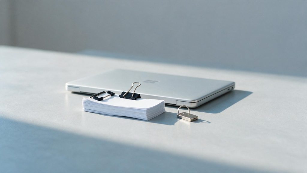 Laptop, security key and sponsor licence documents representing Sponsor Management System access