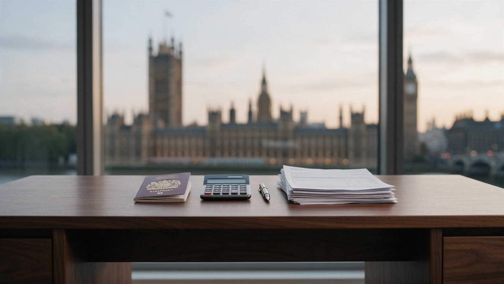 Ahşap masada İngiltere pasaportu, hesap makinesi, kalem ve belge yığını, arka planda Westminster Parlamento binası; 2026 Bütçesi göçmenlik değişiklikleri
