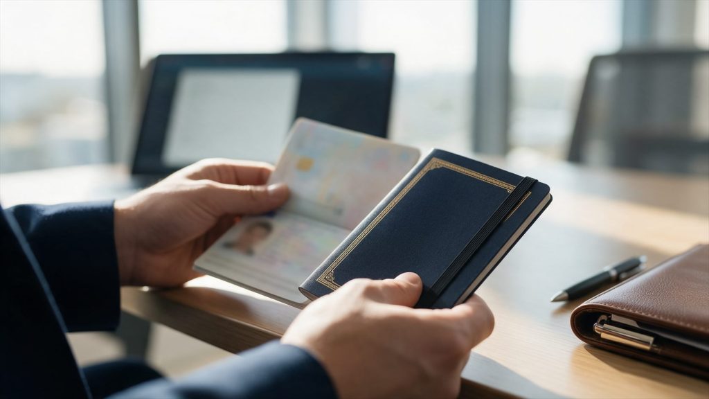 Hands checking a passport in an office, Right to Work document verification for employers