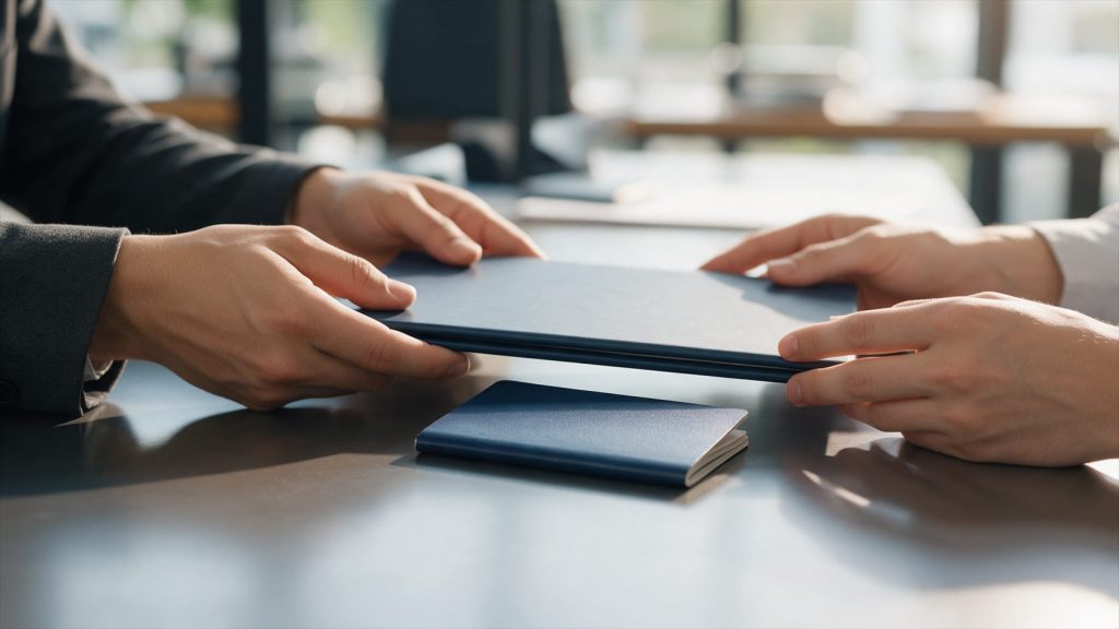 Immigration adviser handing a document folder to a client across a desk with a passport, Section 3C Leave after an ECAA refusal