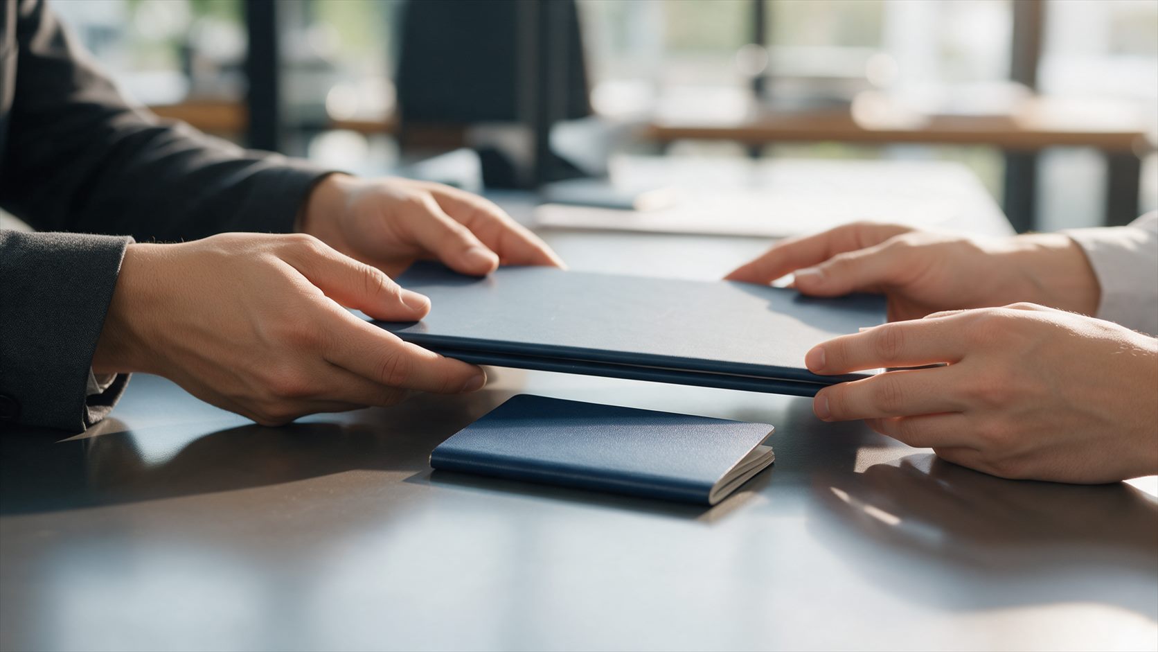 Immigration adviser handing a document folder to a client across a desk with a passport, Section 3C Leave after an ECAA refusal